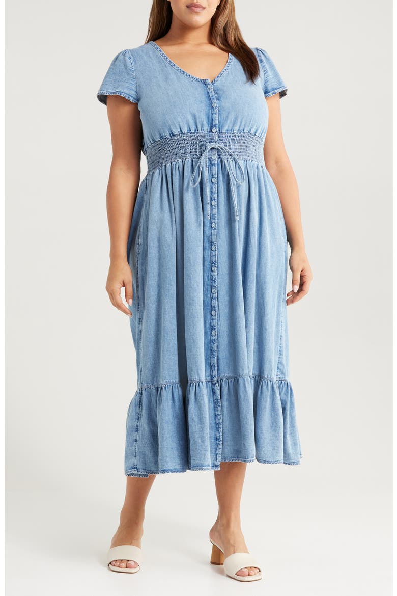 Smocked Waist Chambray Midi Dress, Main, color, LIGHT WASH