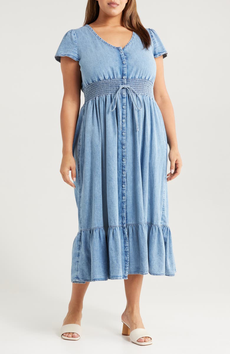 Treasure & Bond Smocked Waist Chambray Midi Dress, Main, color, Light Wash