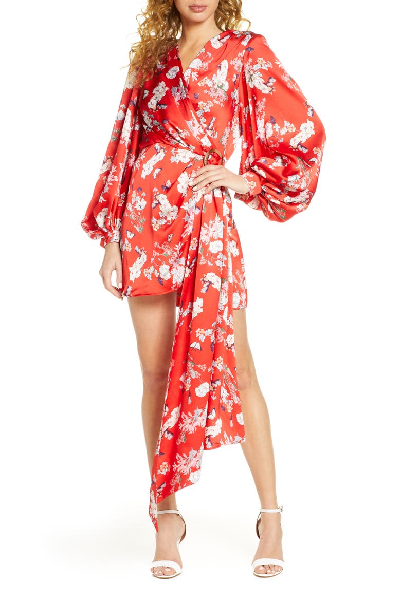 Bronx and Banco Tokyo Long Sleeve Silk Blend Minidress, Main, color, RED