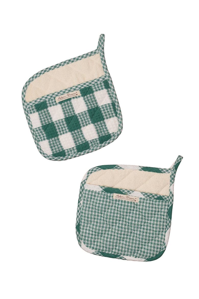 Prairie Essentials Pocket Potholders in Green Plaid, Set of 2, Main, color, Forest