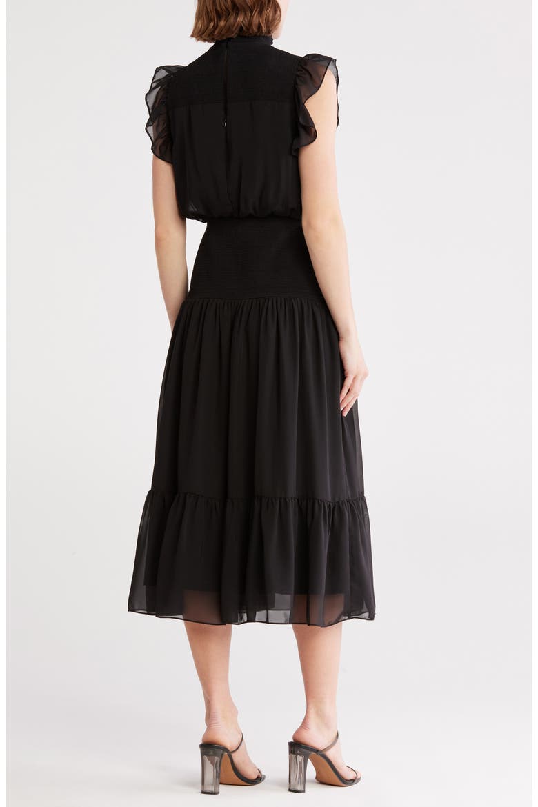 Flutter Sleeve Smocked Drop Waist Midi Dress, Alternate, color, BLACK