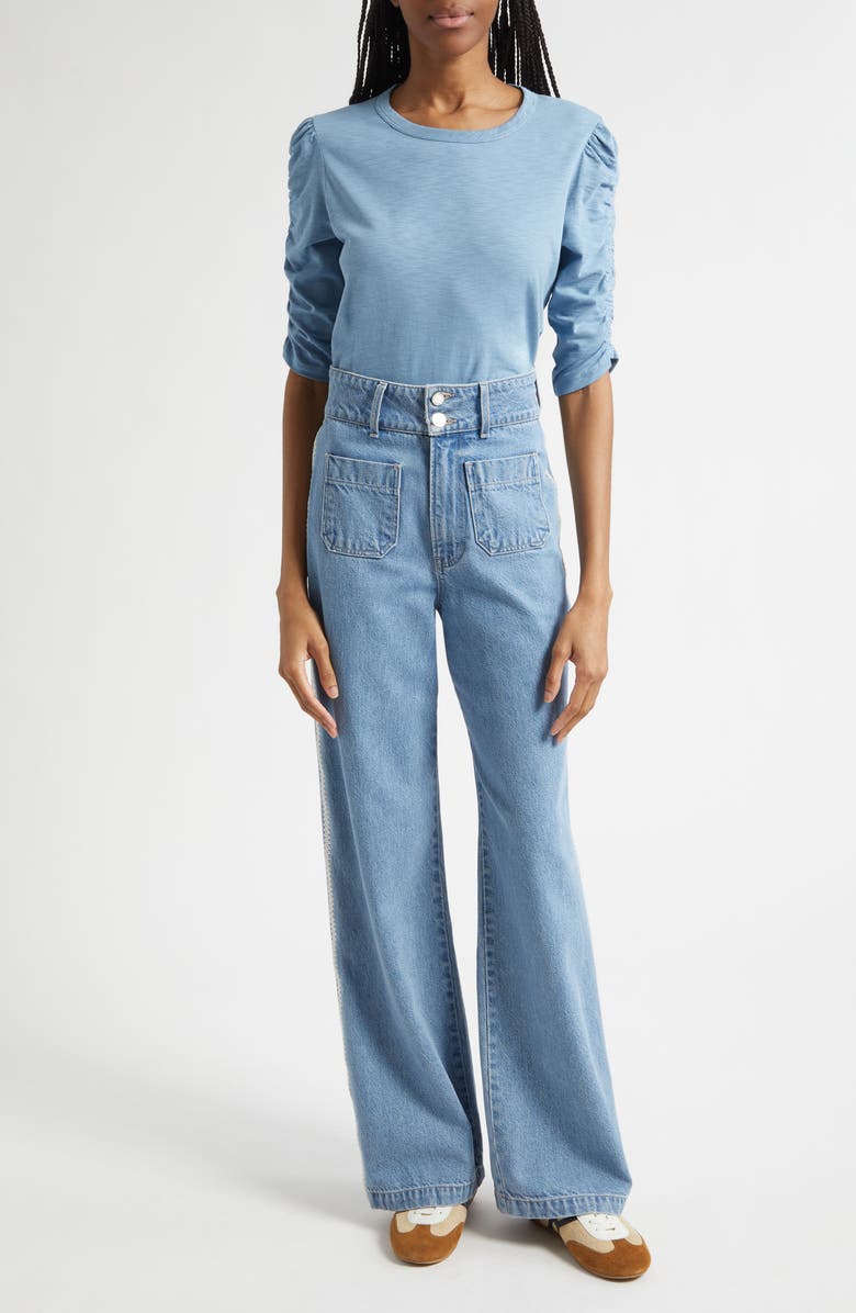 Veronica Beard Waldorf Ruched Sleeve Top, Alternate, color, Blue River