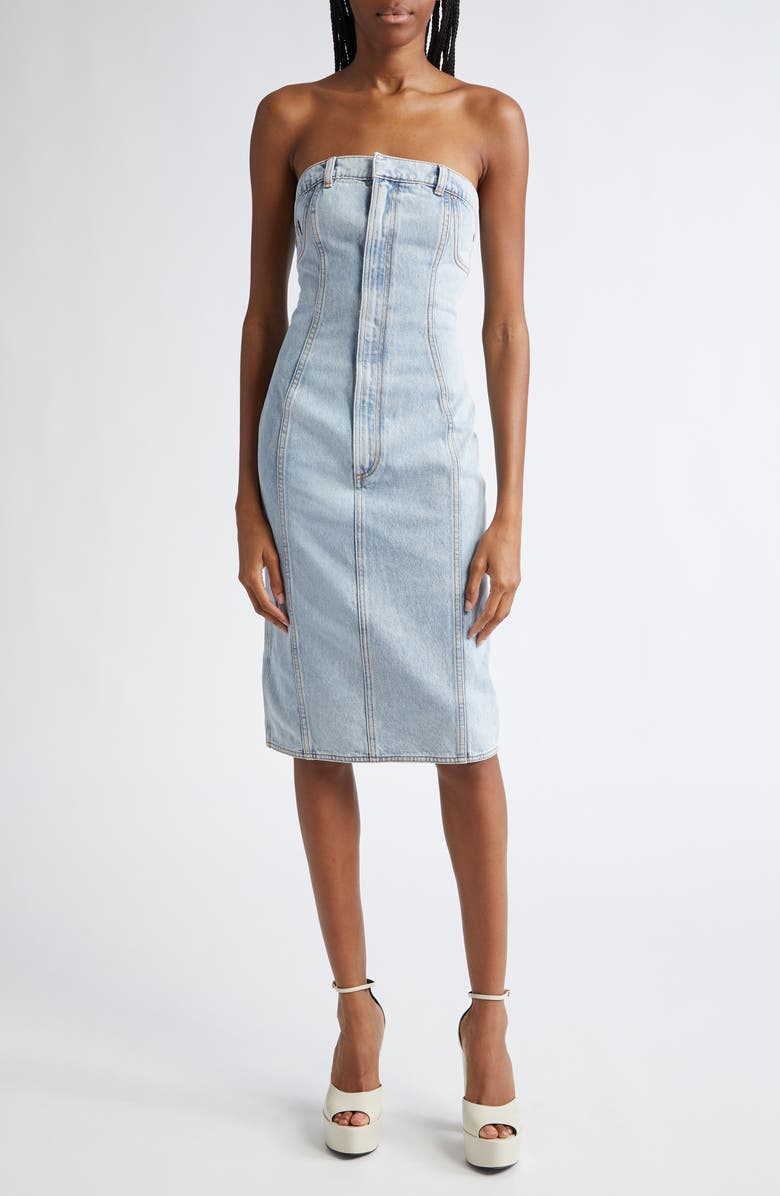 Area Flower Corsage Strapless Denim Dress, Alternate, color, 
