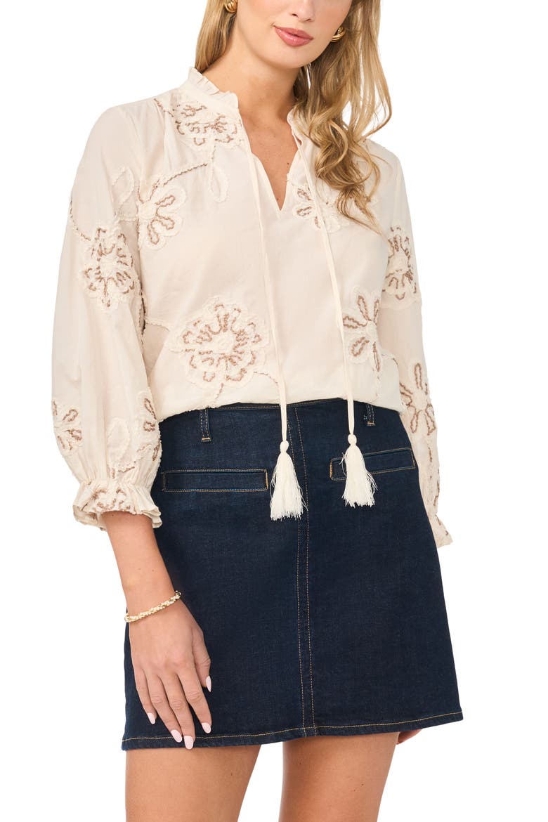 Embroidered Tassel Tie Top, Main, color, NEW IVORY