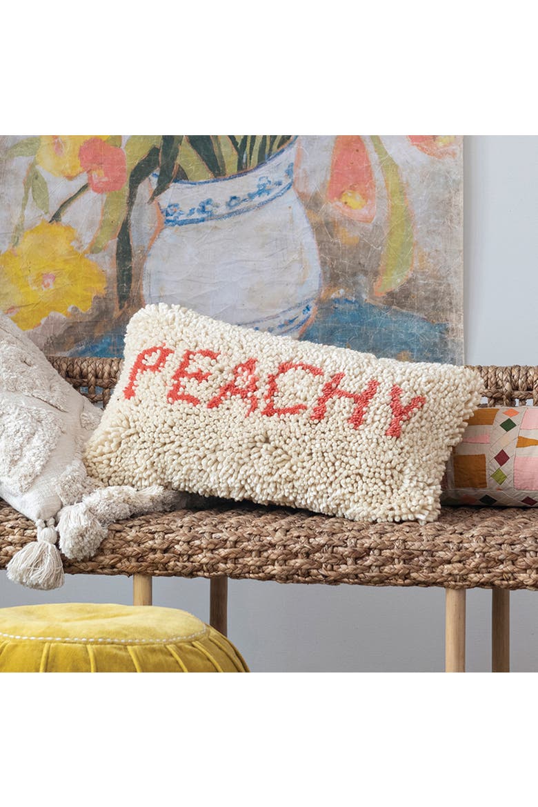 Tufted Wool and Cotton Lumbar Pillow with "Peachy" Message, Cream and Red, Alternate, color, Ivory