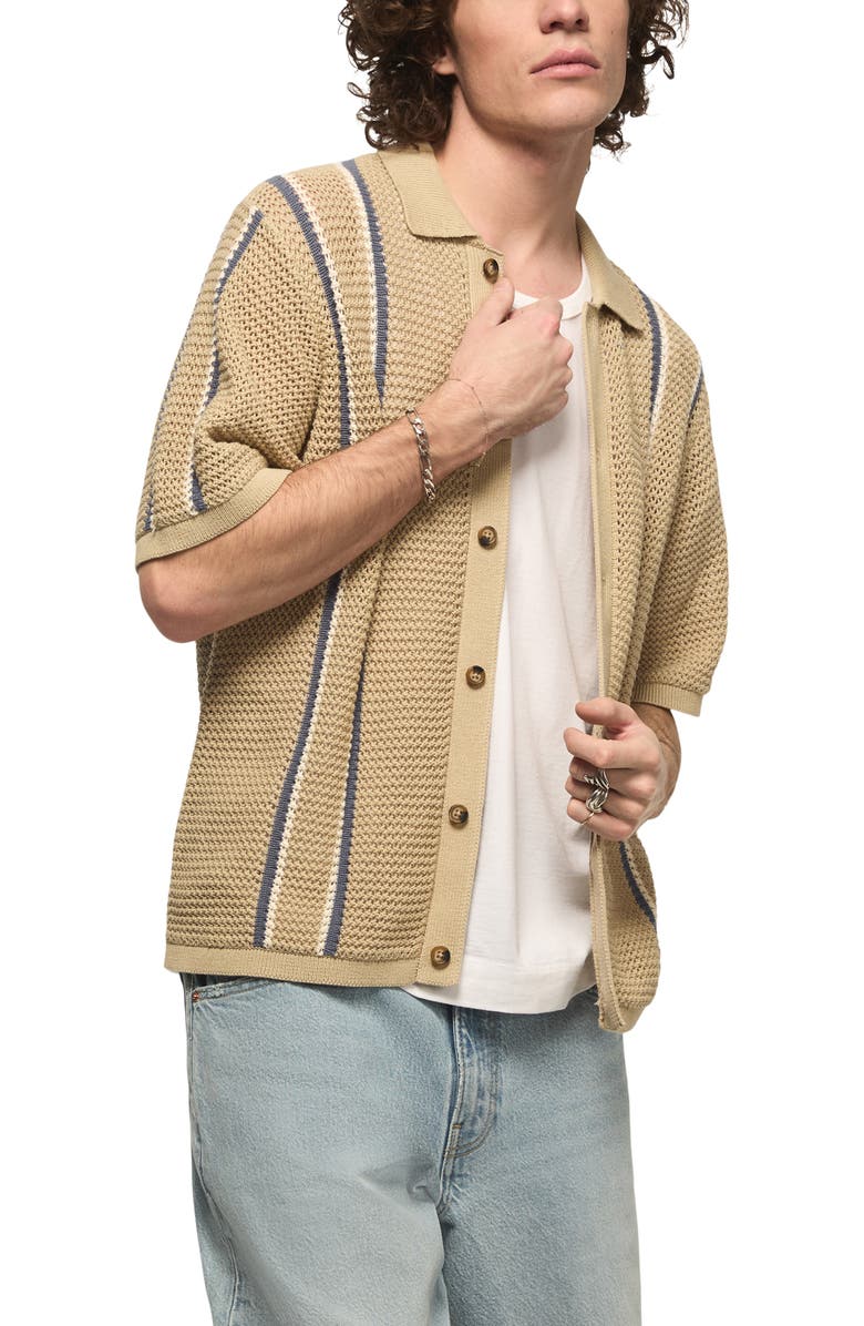 Lucky Brand Stripe Short Sleeve Cotton Button-Up Sweater, Main, color, Tidal Foam