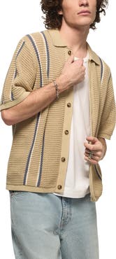 Lucky Brand Stripe Short Sleeve Cotton Button-Up Sweater