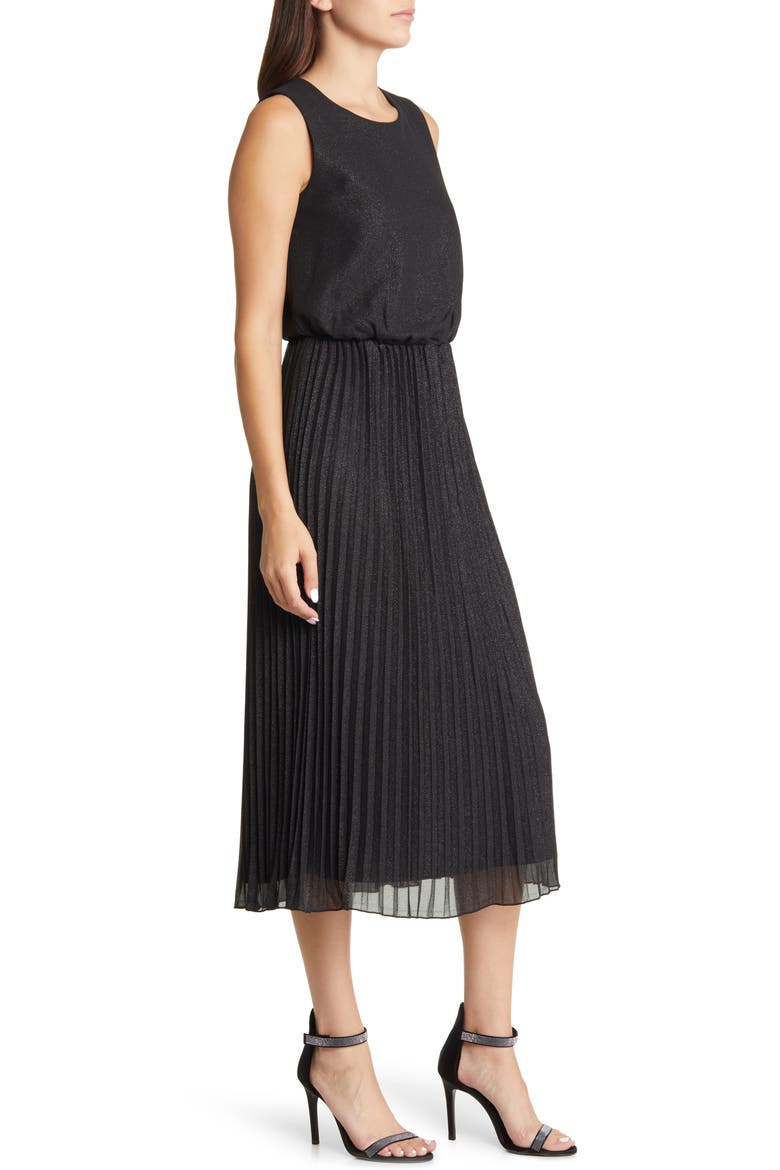 Pleated Metallic Midi Dress, Alternate, color, BLACK/ SILVER
