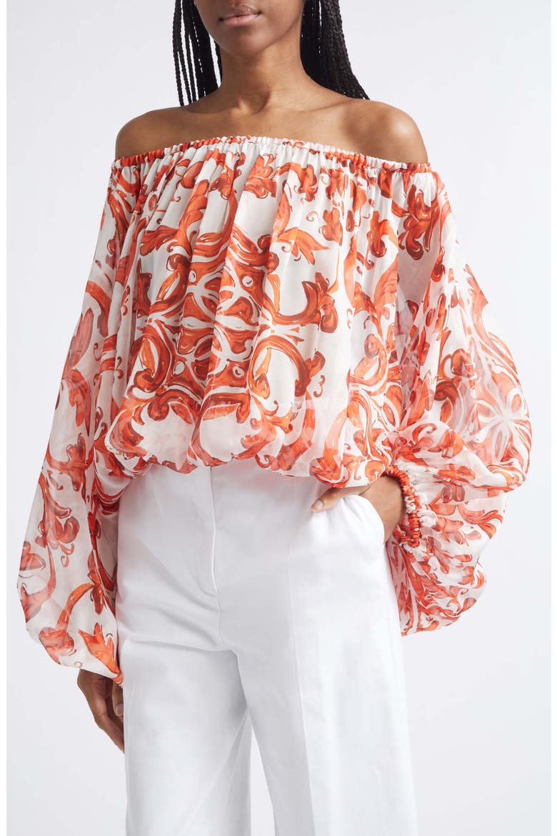 Majolica Print Off the Shoulder Chiffon Top, Alternate, color, S9000 VARIANTE ABBINATA
