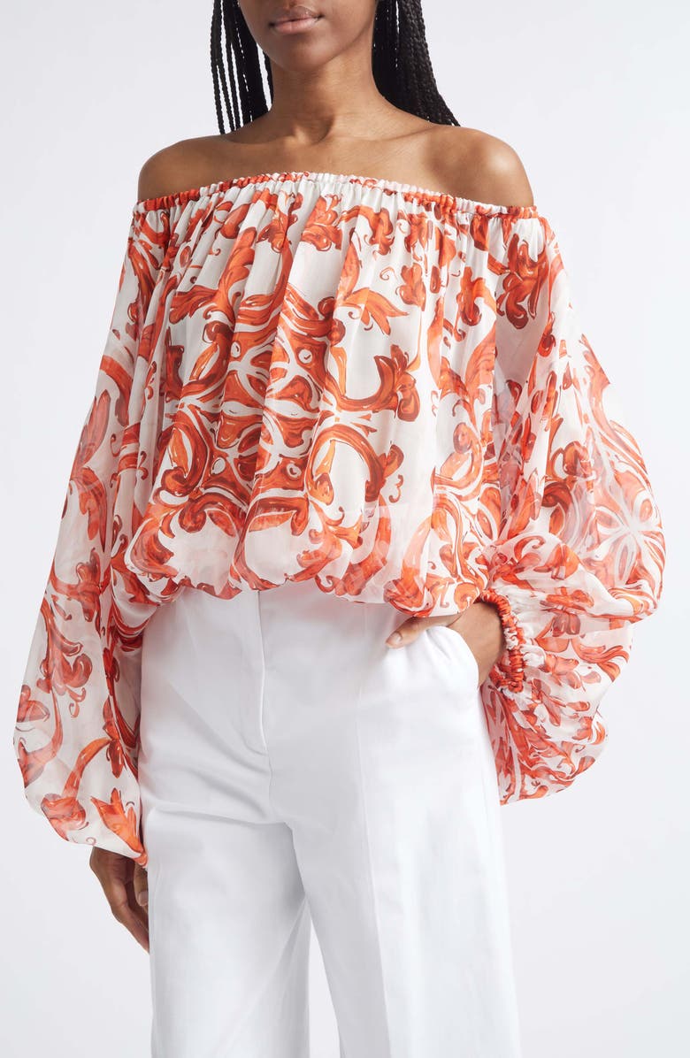 Dolce&Gabbana Majolica Print Off the Shoulder Chiffon Top, Alternate, color, S9000 Variante Abbinata