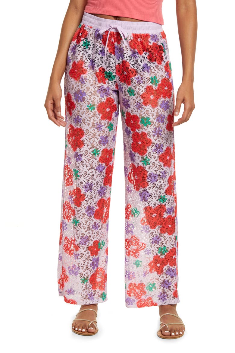 Pride Gender Inclusive Sheer Lace Drawstring Pants, Main, color, PURPLE- RED HUNTER FLORAL