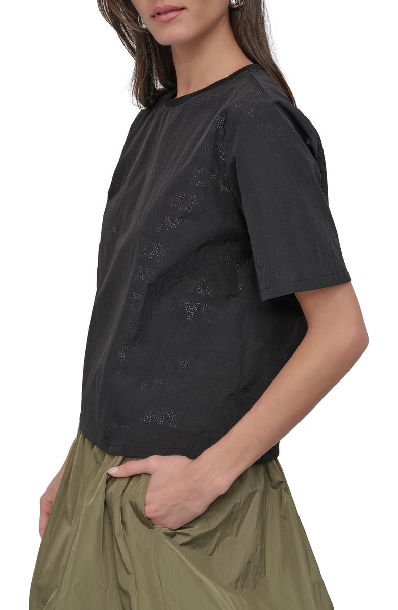 DKNY Peforated Logo Boxy Nylon T-Shirt, Alternate, color, Black