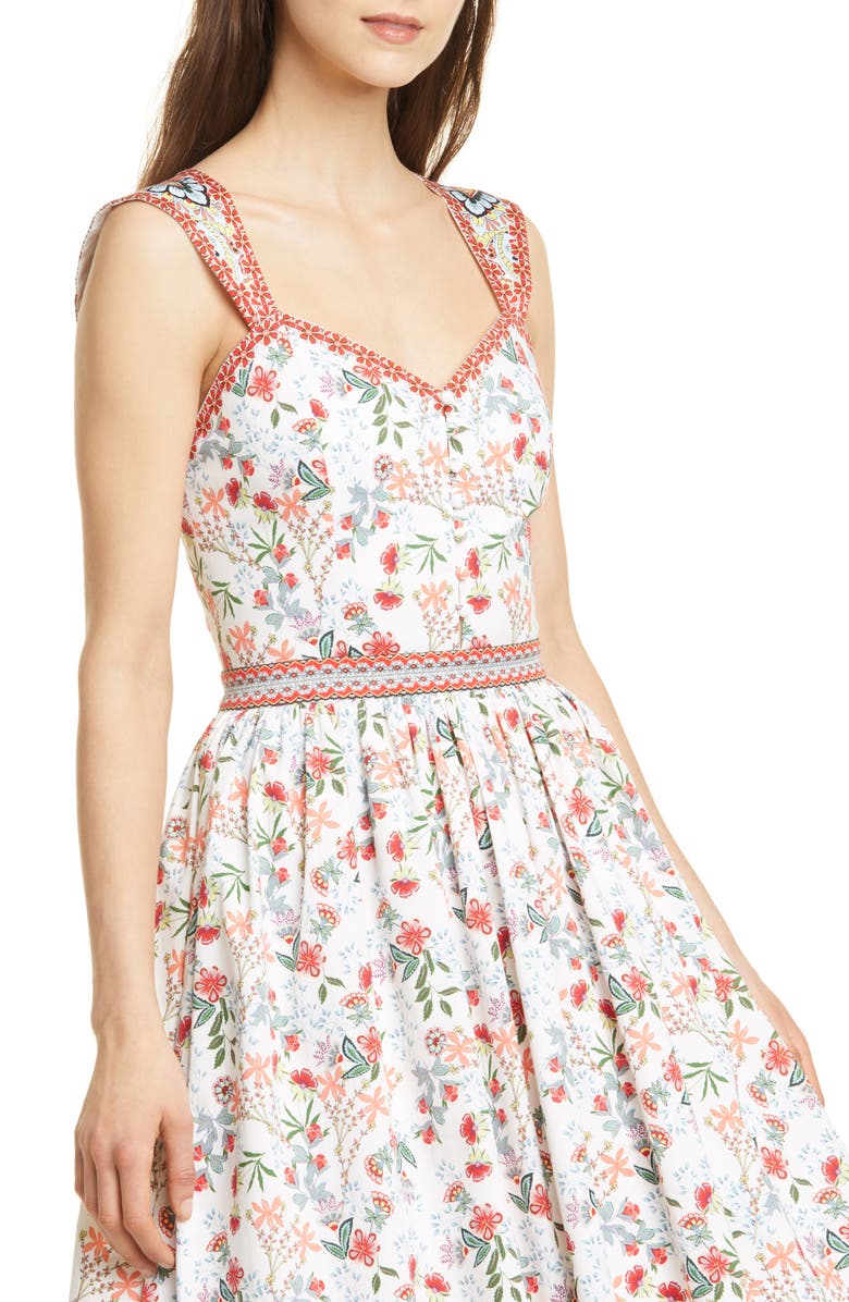 Alice + Olivia Portia Floral Sweetheart Neck Stretch Cotton Midi Dress, Alternate, color, 