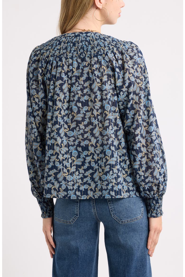 Print Smocked Yoke Button-Up Shirt, Alternate, color, BLUE- IVORY DAINTY PAISLEY