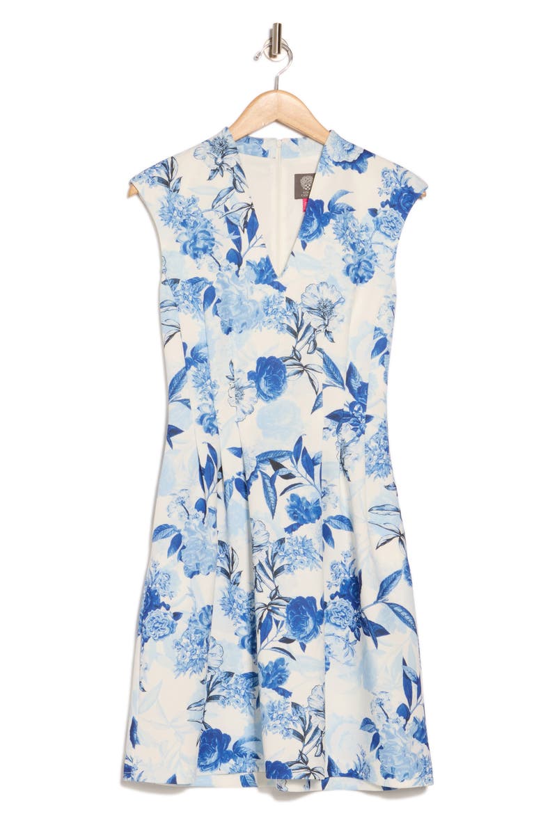 Floral Scuba Knit Fit & Flare Dress, Alternate, color, WHITE/BLUE FLORAL