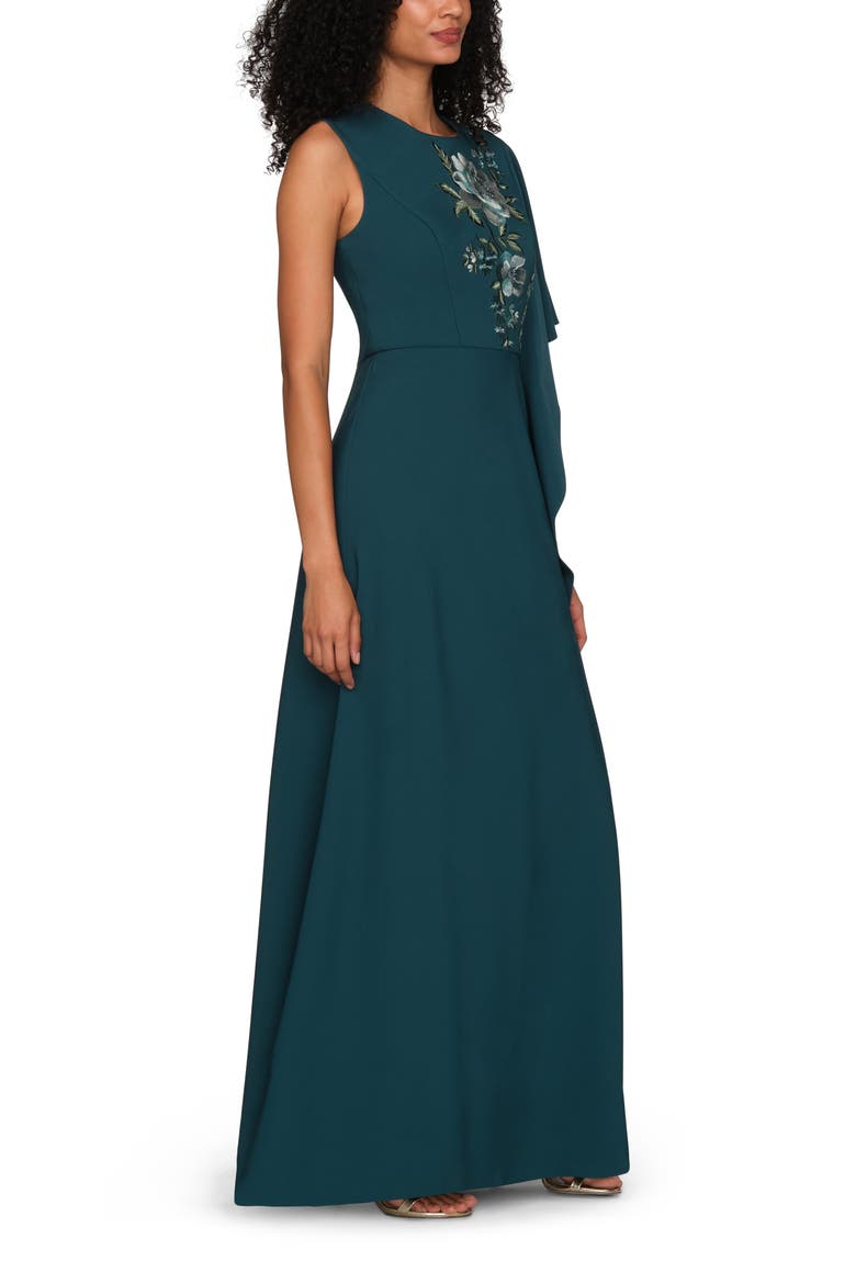 Alisha Embroidered Floral Detail Asymmetric Sleeve Gown, Alternate, color, DEEP TEAL