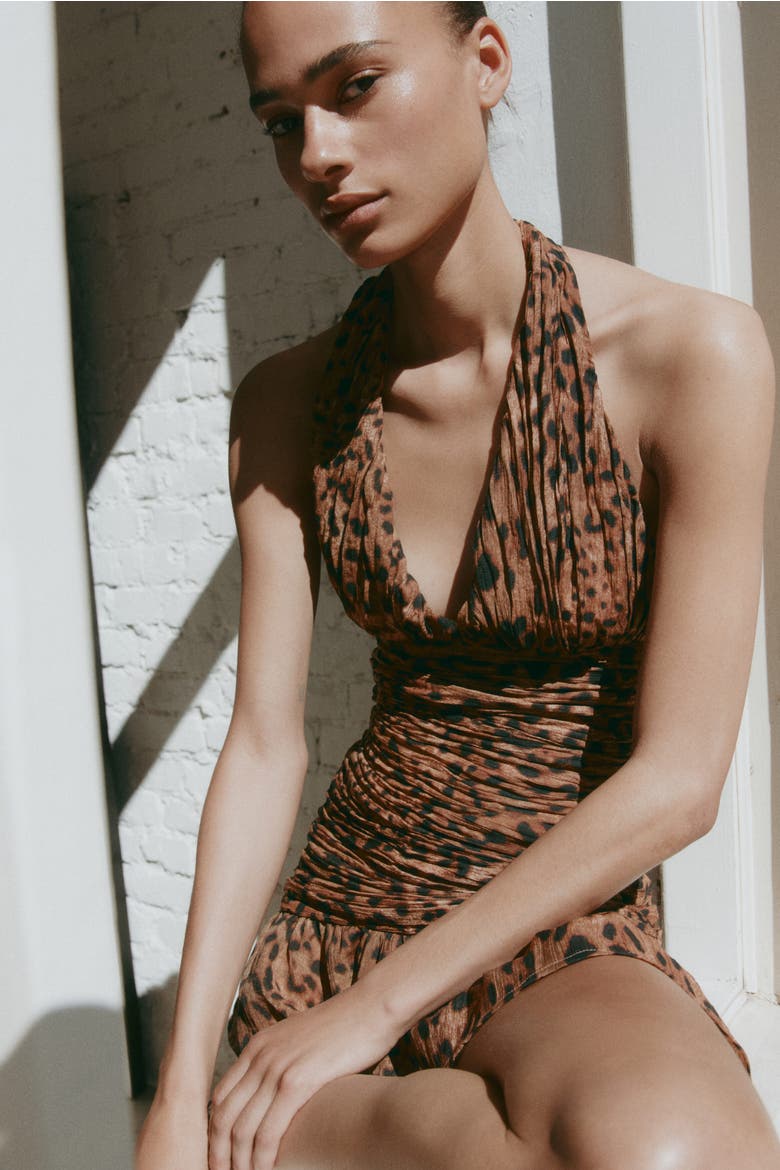 Ruched Scarf-detail Dress, Alternate, color, Light brown/leopard print