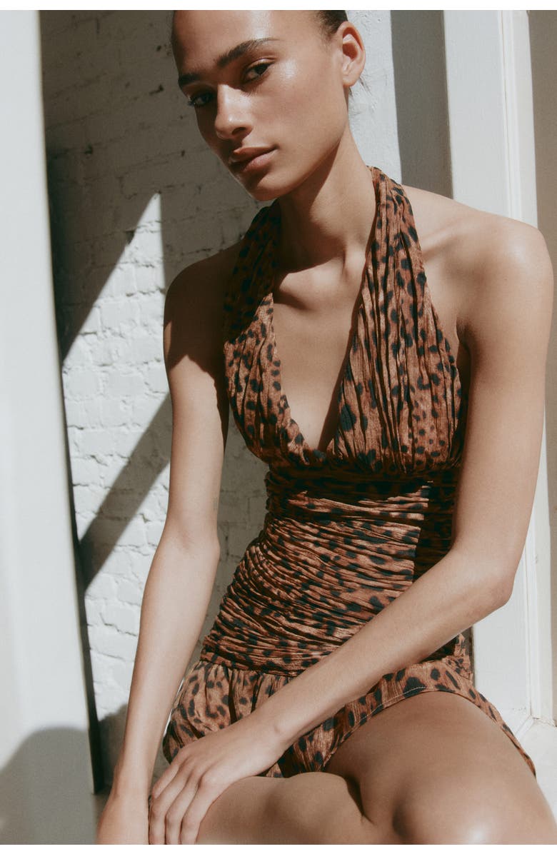 H&M Ruched Scarf-detail Dress, Alternate, color, Light Brown/Leopard Print