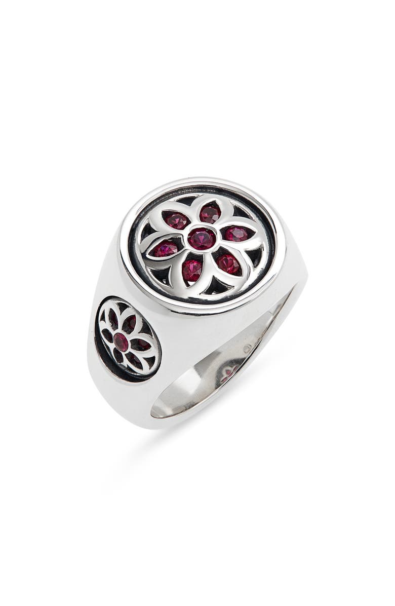 Good Art Hlywd Men's Small Club Ruby Flower Signet Ring, Main, color, Silver
