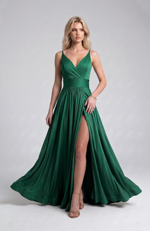 Cross Front Neck Empire Waist Satin Gown