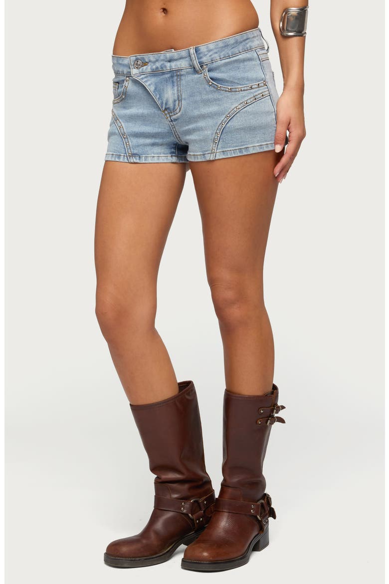 Studded Western Low Rise Denim Shorts, Alternate, color, BLUE