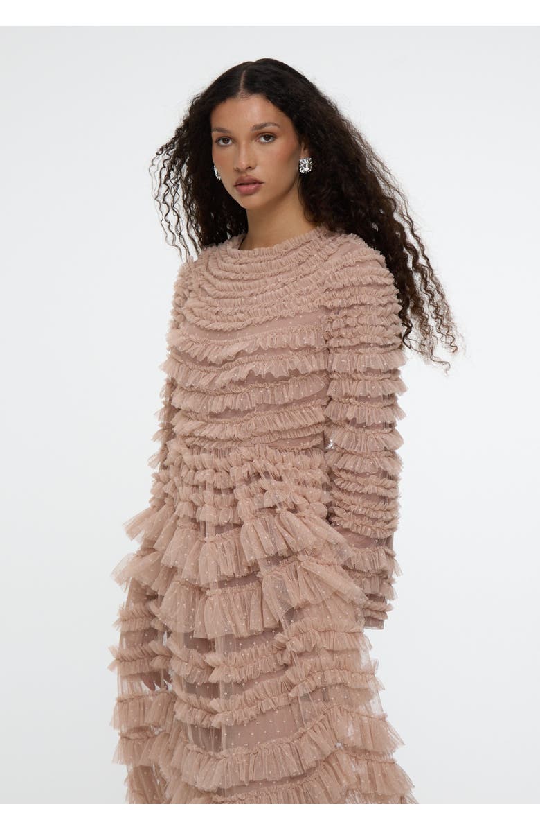 MARYISA Modest Ruffle Dress Maxi With Self Print, Main, color, Taupe Blush