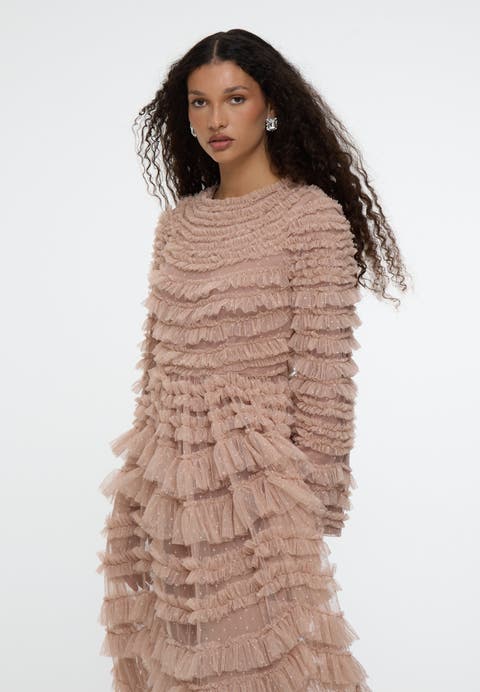 Modest Ruffle Dress Maxi With Self Print