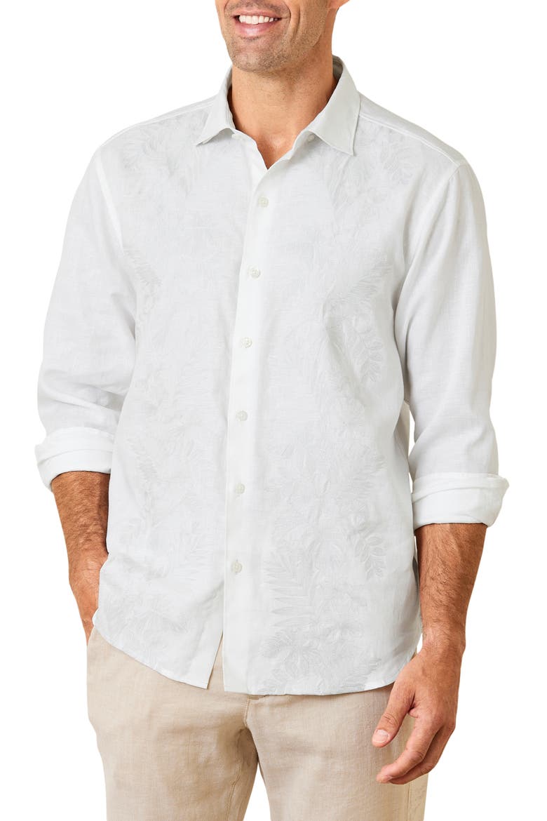 Down the Isle Embroidered Linen Button-Up Shirt, Main, color, WHITE