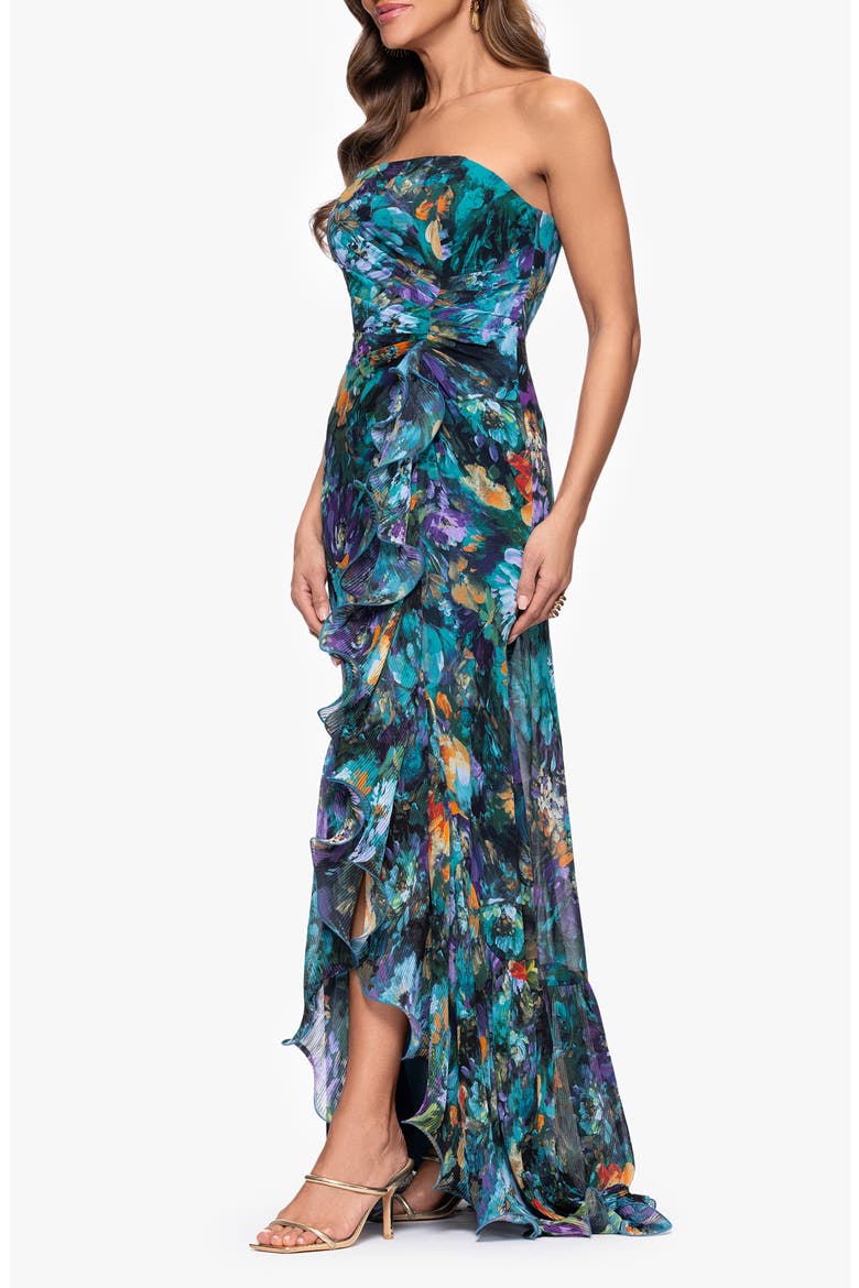 Pleated Ruffle Strapless Mermaid Gown, Alternate, color, TEAL/ MULTI