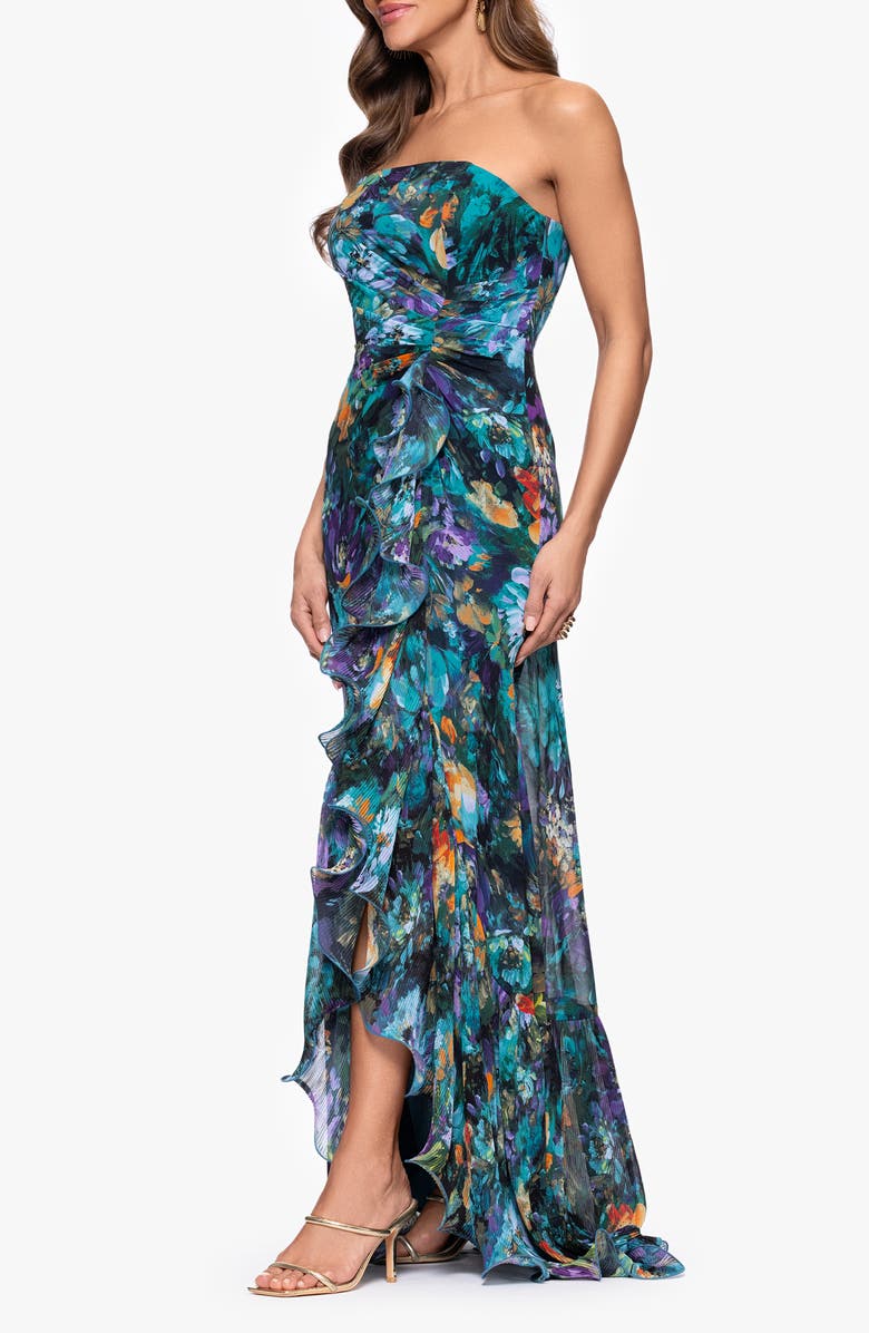 Xscape Evenings Pleated Ruffle Strapless Mermaid Gown, Alternate, color, Teal/ Multi