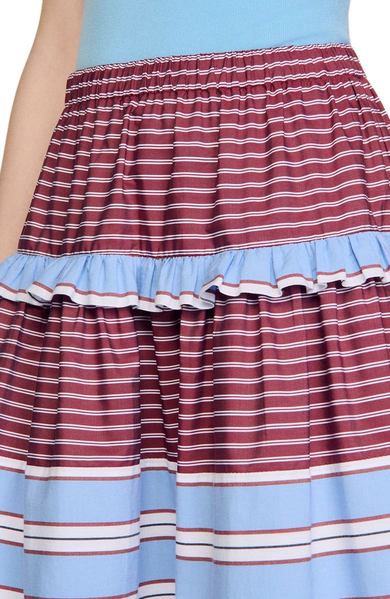 SANDRO Long striped cotton skirt, Alternate, color, Burgundy / White