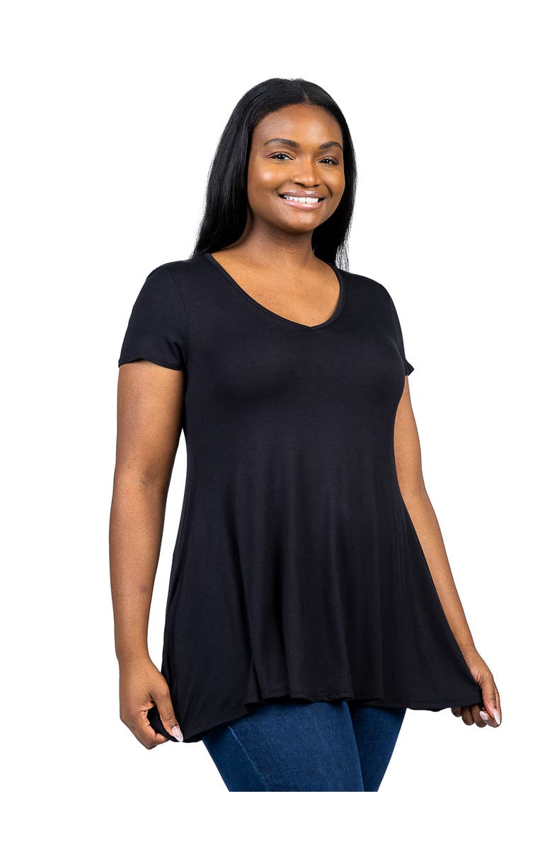 24seven Comfort Apparel Plus Size Short Sleeve V Neck Tunic T Shirt, Alternate, color, Black