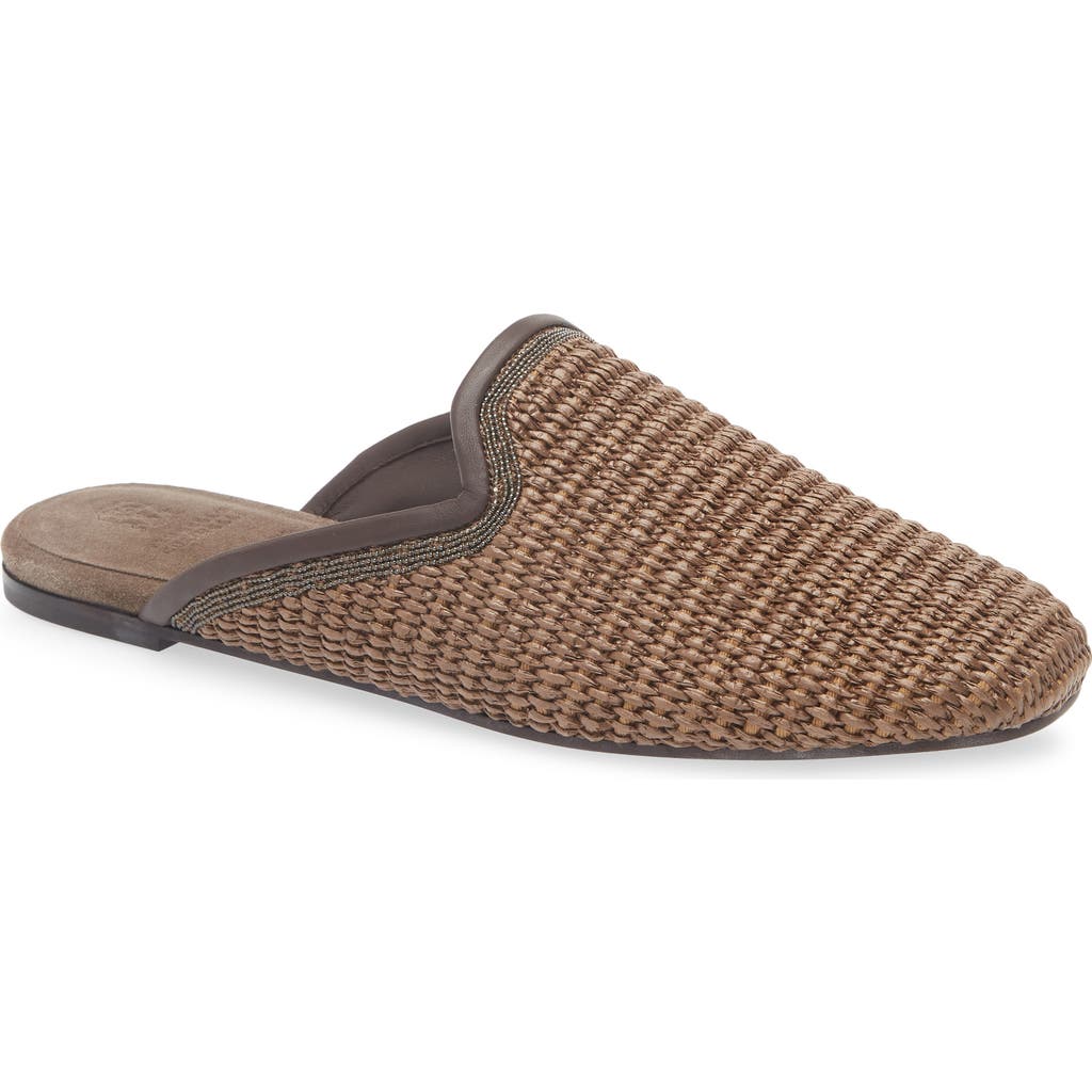 Brunello Cucinelli Raffia Monili Loafer Mules In C193 Dark Beige