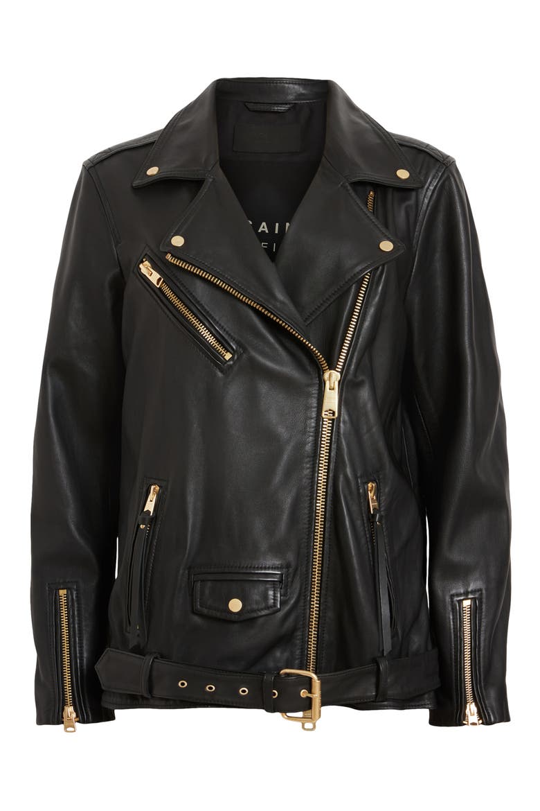 Billie Oversize Leather Biker Jacket, Alternate, color, BLACK/ GOLD