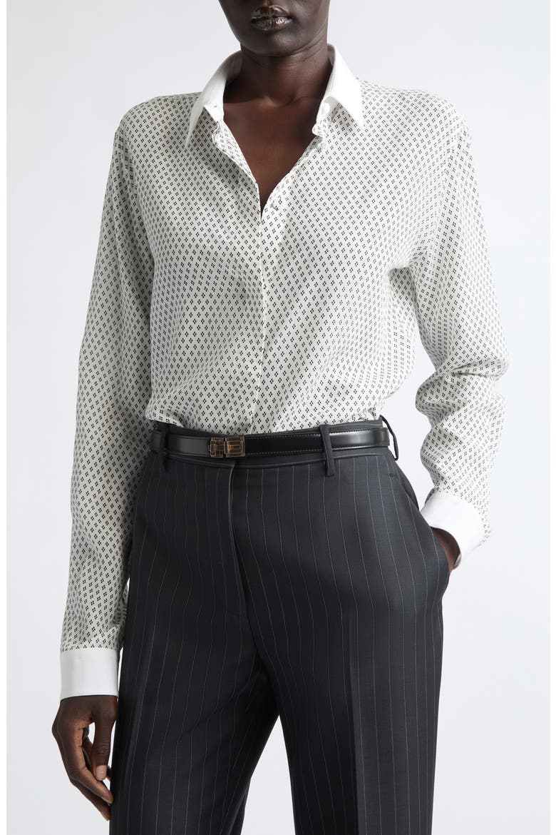 Diamond Print Silk Crepe Button-Up Shirt, Alternate, color, OFF WHITE/ BLACK