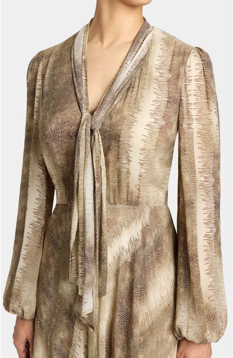 Santorelli Jenn Printed Tie Neck Midi Dress, Alternate, color, Sahara