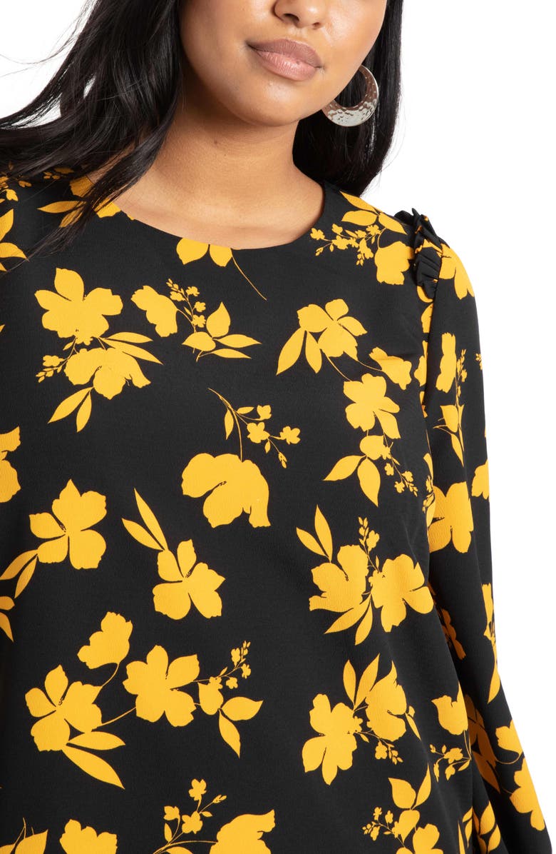 ELOQUII Floral Ruffle Long Sleeve Cotton Blend Crepe Shift Dress, Alternate, color, 