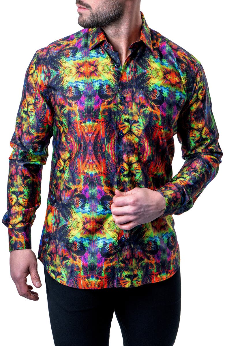 Maceoo Fibonacci Trippy Lion Button-Up Shirt, Main, color, 