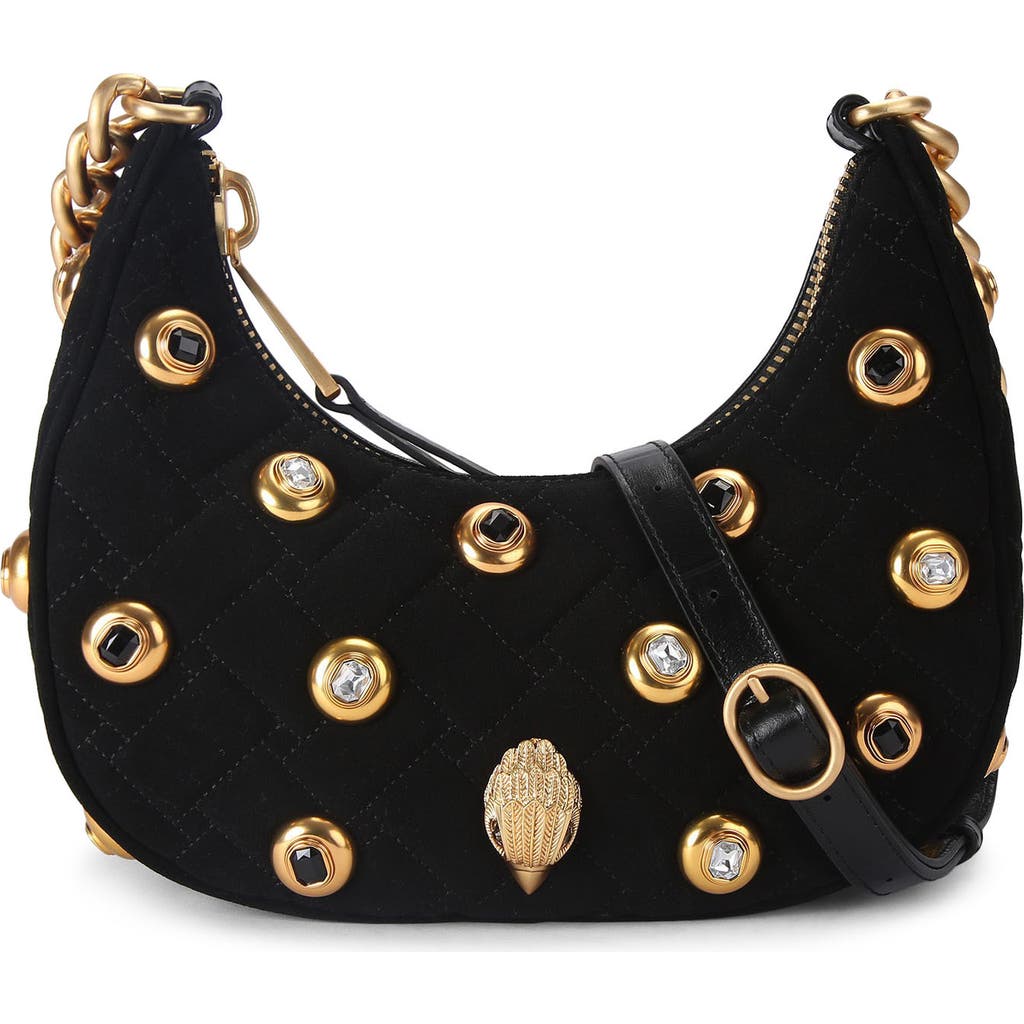 Kurt Geiger London Small Kensington Gems Quilted Suede Hobo Bag In Black