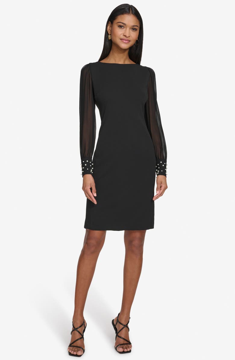 KARL LAGERFELD Faux Pearl Cuff Long Sleeve Scuba Crepe Sheath Dress, Alternate, color, Black