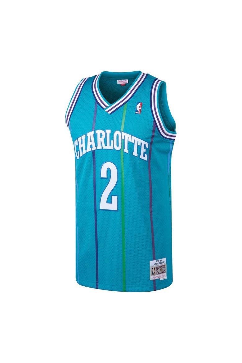 Men's Mitchell & Ness Larry Johnson Teal Charlotte Hornets 1992/93 Hardwood Classics Swingman Jersey, Alternate, color, Teal