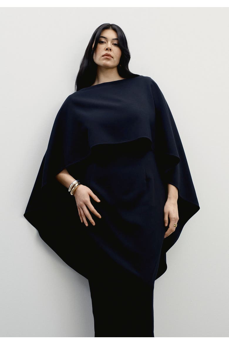 Structured Cape Midi Dress, Alternate, color, BLACK BEAUTY