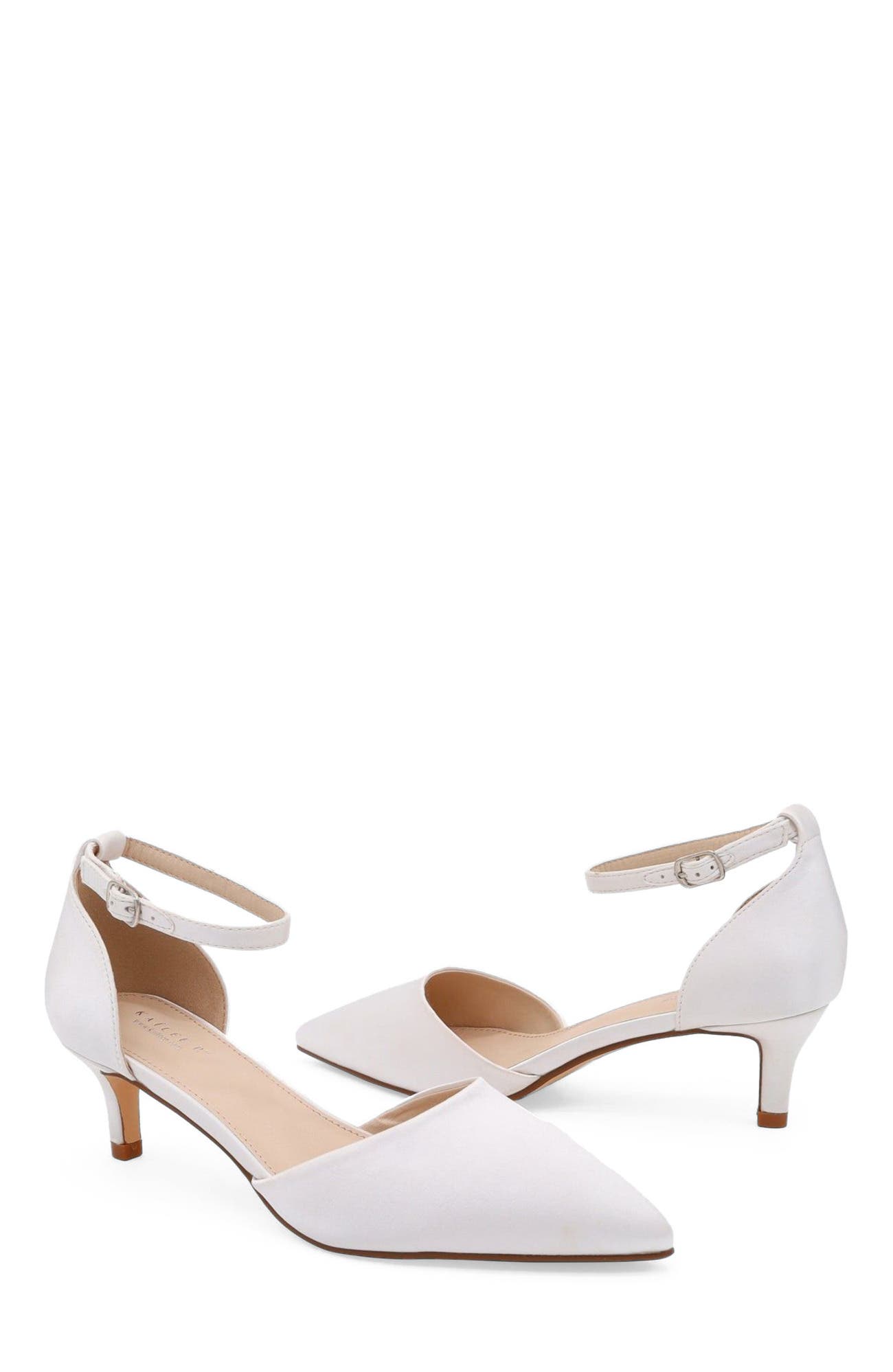 Kailee P Farah Satin pointed toe Kitten Low Heel Wedding Shoes, Alternate, color, White