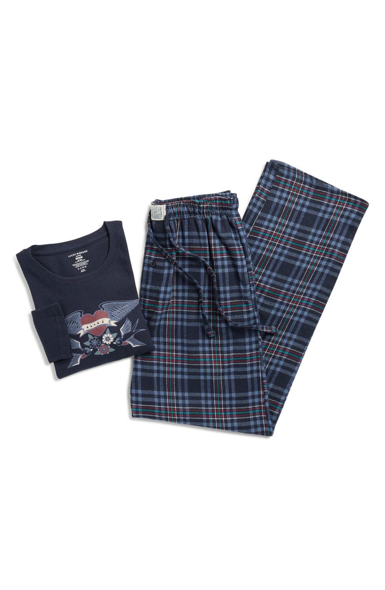 Lucky Brand Long Sleeve Thermal Shirt & Plaid Flannel Pants Pajamas, Alternate, color, Mood Indigo/ Mood Indigo Plaid