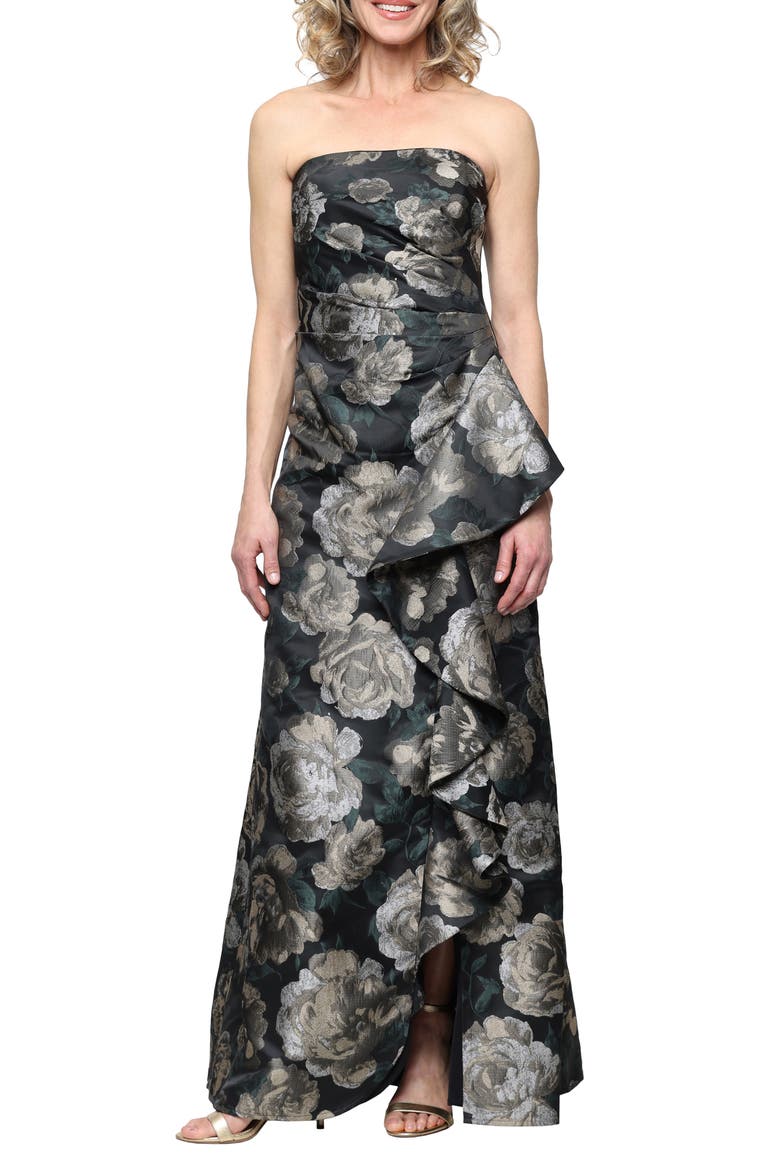 Floral Strapless Jacquard Gown, Main, color, BLK MULTI