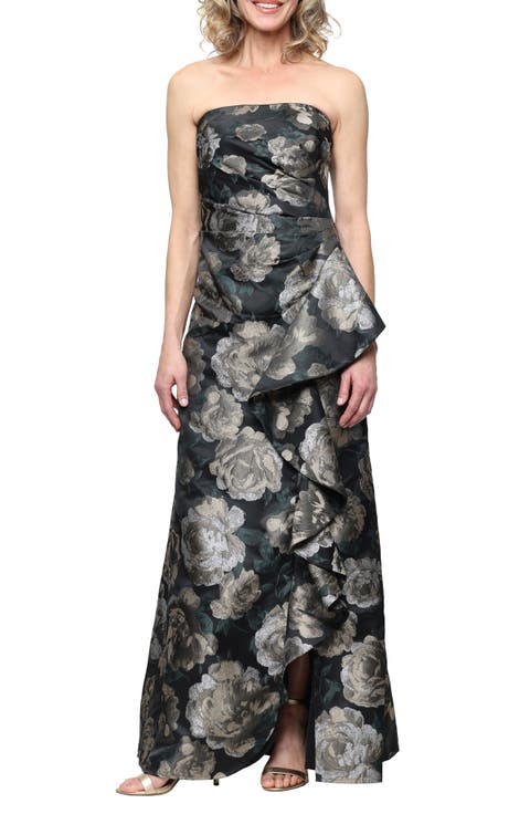 Floral Strapless Jacquard Gown