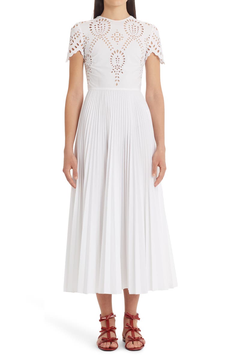 Valentino Garavani Valentino Broderie Anglaise Pleated Cotton Blend Midi Dress, Main, color, 