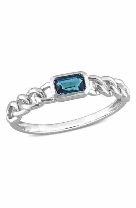 DELMAR 10K White Gold Octagon London Blue Topaz Chain Link Ring
