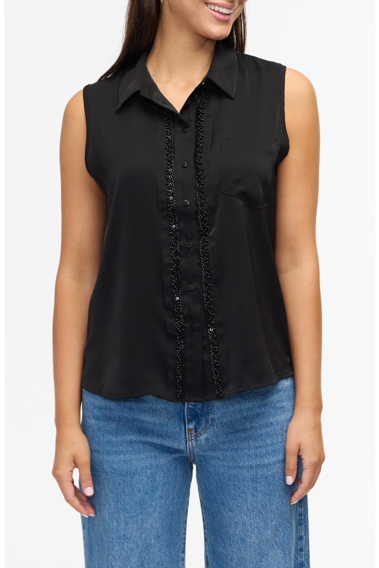 Beaded Sleeveless Button-Up Shirt, Main, color, BLACK