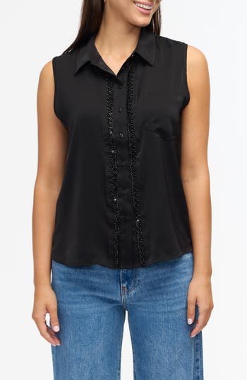Ellen Tracy Beaded Sleeveless Button-up Shirt In Black